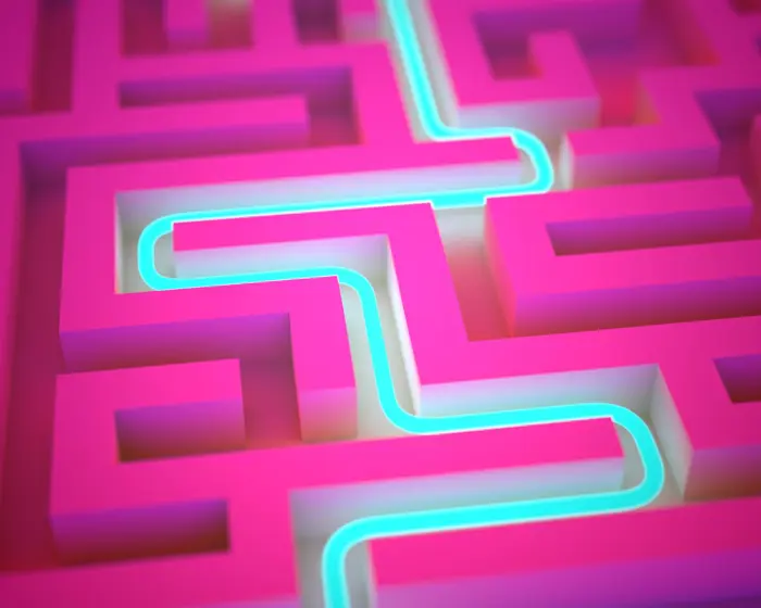 Neon maze representing leadership learning and guided problem solving